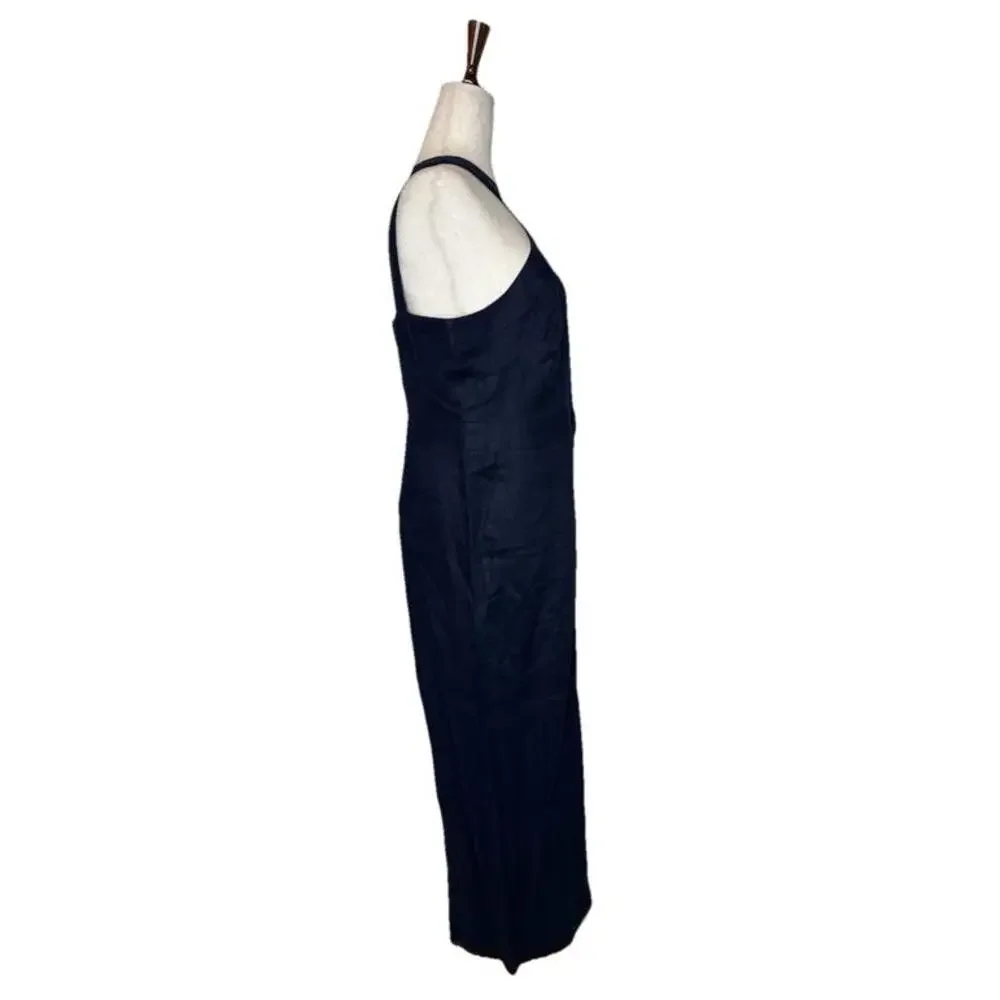 Linen Cross Over Jumpsuit 10 Petite Navy Blue Wide Leg - Picture 5 of 8